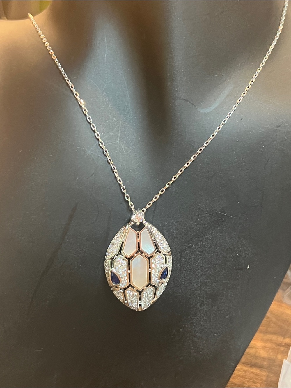 Silver White Mother-of-Pearl & Blue Accent Pendant Necklace